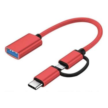 Imagem de Cabo Adaptador OTG 2 em 1, Micro USB e Type-C para USB 3.0, Metalizado, 15cm, Compatível com Smartphones Android, Para Mouse, Teclado e Disco U (Vermelho)