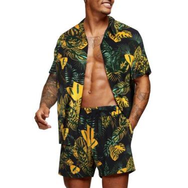 Imagem de Conjunto tropical de camisa e shorts havaianos masculinos Coofandy
