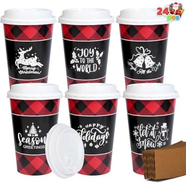 Imagem de JOYIN 24 peças de copos de papel xadrez de búfalo de Natal com mangas e tampas, 6 designs de 473 ml, copos de café para bebidas quentes de cacau, chocolate, bebidas frias, utensílios de mesa para
