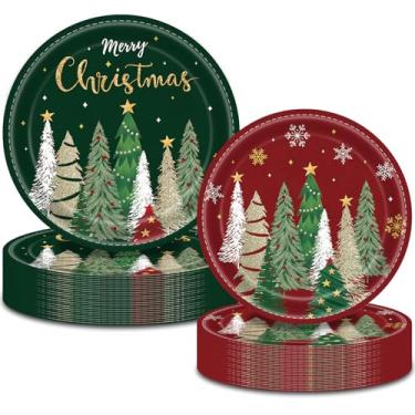 Imagem de Gandeer 50 peças de pratos de papel para árvore de Natal, incluindo pratos descartáveis de 23 cm, prato de sobremesa de 17,8 cm, vermelho e verde, conjunto de louça descartável para decoração de mesa