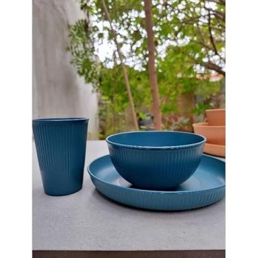 Imagem de Jogo de Jantar 3 Peças em Fibra de Bambu e PP – Prato Fundo, Bowl e Copo 300ml | Sustentável, Leve e Resistente – Uso Diário, Micro-ondas e Lava-Louças(AZUL)