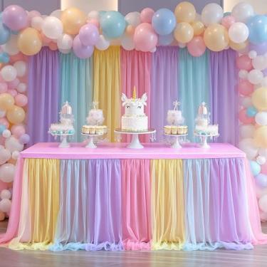 Imagem de Toalhas de mesa arco-íris 2 em 1 com saia de tule para mesas retangulares de 1,8 m, saia de mesa tutu com babados para festas, capas elásticas para recepção de casamento, aniversário, chá de bebê