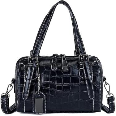 Imagem de Bolsa Feminina Pu Couro Crocodilo Padrão Top Handle Bolsa Messenger Bag, Black