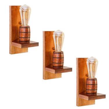 Imagem de Kit 3 Arandelas Barril Delenha Decor Madeira Maciça - Mogno