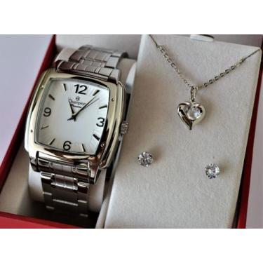 Imagem de Relogio champion feminino quadrado prateado grande cn28731q + kit semi