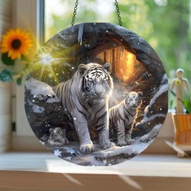 Imagem de Apanhador solar de acrílico colorido, estilo vitral com estampa de tigre animal com reflexos de arco-íris, arte de parede para decoração de janela suspensa, ornamentos de Natal para uso interno e