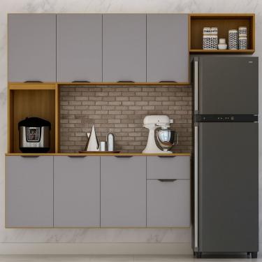 Imagem de Cozinha Compacta Suspensa 8 Portas 1 Gaveta Nicho E Prateleiras Zarah Cinamomo- Cinza Acetinado