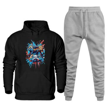 Imagem de Blusa Canguru Plus Size Moletom Estampada Masculina Com Calça Jogger Lisa Alta Qualidade Quentinho