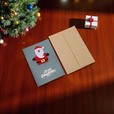 Imagem de 1 conjunto de cartão de felicitações de Natal Papai Noel com papel envelope verde escuro vermelho branco 15 x 10 cm