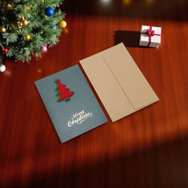 Imagem de 1 conjunto de cartão de felicitações de Natal árvore de Natal com papel envelope verde escuro vermelho 15 x 10 cm