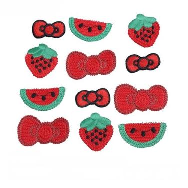 Imagem de Remendos decorativos bordados morango melancia laço design adorável remendos bordados apliques de renda gancho de cabelo decalque de roupas DIY artesanato 12 peças