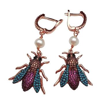 Imagem de Brincos de zircônia cúbica folheados a ouro rosa, inseto, branco, pérola de água doce, pendurados nas costas
