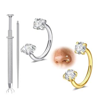 Imagem de Longita Anel de nariz de ferradura de ouro prata 8 mm 20 g para mulheres anel de nariz de sapato de cavalo com pedra dupla argola aço cirúrgico meia argola tragus argolas cartilagem hélice piercing