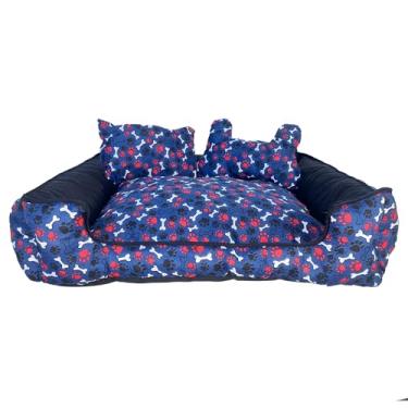 Imagem de Cama Pet Quadrada para Cachorro Pequeno, Impermeável, com Almofada e Ossinho, 40x40x15cm, Gorgurinho Maquinetado e Microfibra, Fundo em PVC (Azul Marinho)
