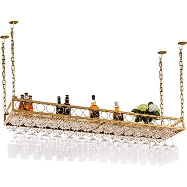 Imagem de Prateleira de vinho de parede - Suporte de garrafa de teto vintage, suporte para garrafas de vinho, suporte para roupas, altura ajustável, adequado para armazenar taças de vinho (150 cm)