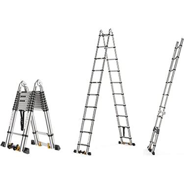 Imagem de OKUOKA Escada telescópica 2 em 1 para telhado de teto Loft RV para pessoas resistentes, escada de extensão telescópica multiuso tipo A com barra estabilizadora e bloco de plástico antiderrapante
