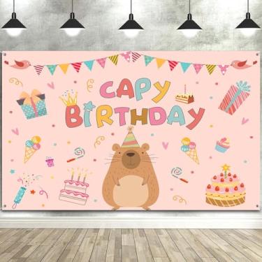 Imagem de Decoração de festa de aniversário, capivara, 2,7 x 1,5 m, fundo fotográfico para meninas, cenários de aniversário de animais rosa capy, adereços de cabine de fotos, banner, balões para decoração de