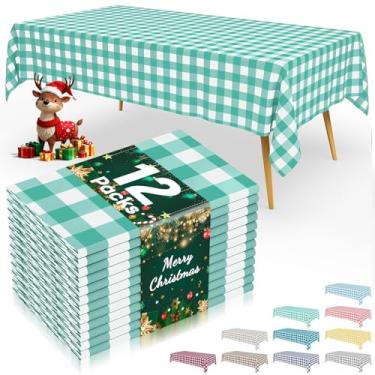 Imagem de Smiry 12 pacotes de toalhas de mesa descartáveis guingão, 137 x 272 cm, toalha de mesa de plástico impermeável, retangular, azul-petróleo e branco, para piquenique, aniversário, festa