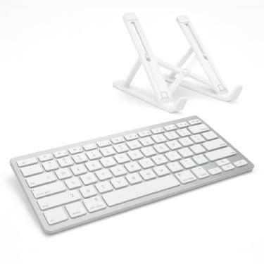 Imagem de Kit Teclado Bluetooth com Suporte para Notebook, Design Compacto e Portátil, Conexão Sem Fio, Cor Branca -