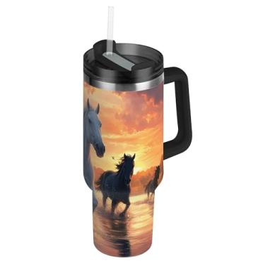 Imagem de SEHANY Copo Majestic Horse 1,134 g com tampa e canudo, aço inoxidável de vácuo duplo isolado garrafa de água esportiva suporte para copo de café de viagem à prova de vazamento para bebida gelada