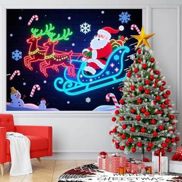 Imagem de BlissYard Tapeçaria de luz negra néon Passeio de trenó de Papai Noel reativo a UV Merry Christmas Rena para pendurar na parede que brilha no escuro decoração de férias floco de neve bengala doce para