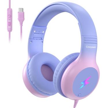 Imagem de Cowyawn Fones de ouvido infantis com luzes LED, USB tipo C, fone de ouvido infantil com microfone, limitador de volume 85/94dB, fones de ouvido USB C com fio para meninos/meninas/escola/tablet/viagem