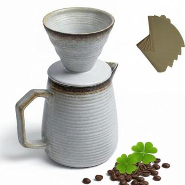 Imagem de Qiufnaguo Conjunto de cafeteira de cerâmica V60, resistente ao calor e fácil de limpar, cafeteira manual de gotejamento lento para escritório, casa, acampamento, kit de despejar 1-3 xícaras, 20