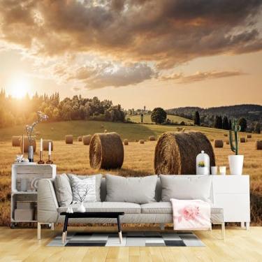 Imagem de Murais de parede de tamanho personalizado, pôr do sol rural fardos de feno dourado tecido de parede autoadesivo Rolling Hills (SEM PVC) Papel de parede grande removível para sala de estar, quarto
