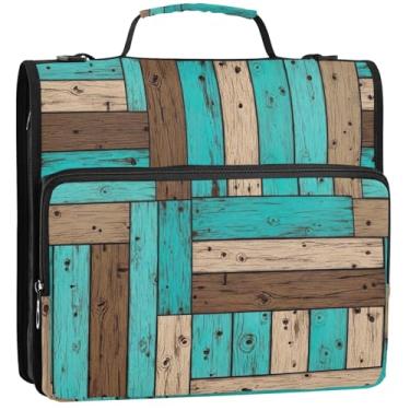 Imagem de Pasta organizadora de fichários de 3 anéis de madeira marrom azul-petróleo 3 anéis com zíper bolsa de fichário com alça de armazenamento com alça, 34,5 x 31,5 x 9 cm