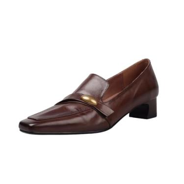 Imagem de TinaCus Mocassins femininos casuais de bico quadrado, couro legítimo, feito à mão, salto baixo, Marrom, 35