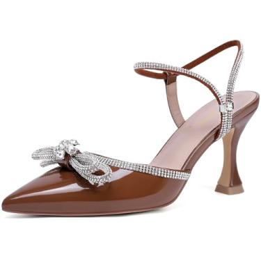 Imagem de Susanny Sapato feminino fechado Rhinstone casamento salto baixo slingback transparente gatinho, tira ajustável, bico fino, salto alto, vestido de formatura, Marrom_patente, 37