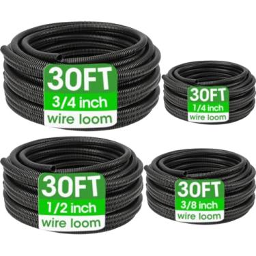 Imagem de Wire Loom 1/10.2 cm, 3/20.3 cm, 1/5.1 cm, 3/4 polegadas x 30 pés, conduíte de fio de tubo de tear de fio dividido, mangas de cabo, kit de proteção de conduíte elétrico flexível a granel, preto