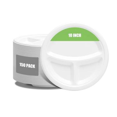 Imagem de YACEYACE Pratos de papel de compartimento a granel, placa biodegradável de cana de açúcar de 25,4 cm, pacote com 150 pratos de papel descartáveis resistentes para festas, casa, catering, churrasco