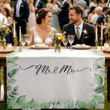 Imagem de HunnmingRe Toalha de mesa branca de casamento de 111 x 187 cm, placa de Sr. e Sra. Placa de mesa de linho rústico, decoração de mesa de casamento, decoração de mesa para mesa, jantar, suporte de