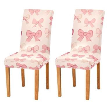 Imagem de SEHANY Conjunto de 4 capas de cadeira com laço de bolinhas rosa para sala de jantar, elástico, removível e lavável, para cozinha, hotel, festa, Natal