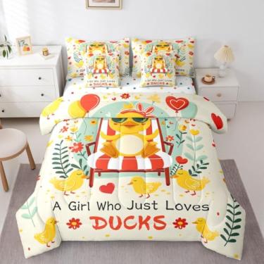 Imagem de Erosebridal Jogo de cama solteiro engraçado de pato, 7 peças, para amantes de patos, lençol com elástico, lençol de cima kawaii, estilo country, para meninas e crianças