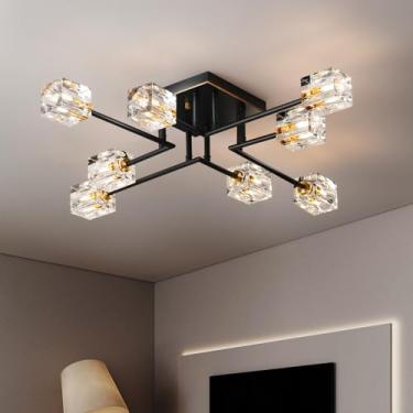 Imagem de Luminária de Teto Sputnik Moderna Preto e Dourado com Cristal K9, Lustre Semi Embutido com 8 Luzes para Sala de Estar e Quarto, Soquete G9 (Máx. 40W, Lâmpadas Não Inclusas)