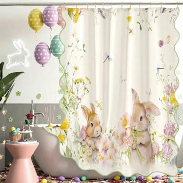 Imagem de Frienda Cortina de chuveiro de coelhinho da páscoa para decoração de banheiro, estampa floral, retrô, verde, recortado tecido impermeável para decoração de banheira, ganchos incluídos, 182 x 182 cm
