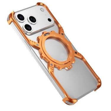 Imagem de Capa resistente para iPhone 17/17 Air/17 Pro/17 Pro Max, proteção de tela contra batidas de metal com tampa de lente aba, função de suporte e carregamento sem fio compatível (laranja, 17)