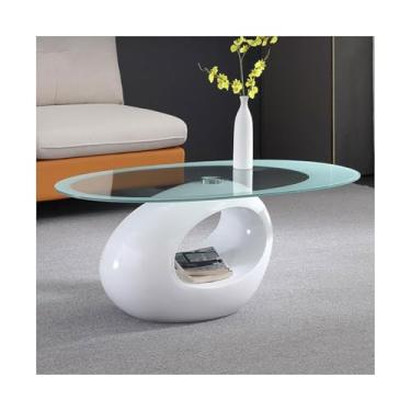 Imagem de Exibe mesa de centro oval, sala de estar com prateleira de armazenamento, centro de sofá moderno de vidro temperado de 83 cm, fácil montagem todos os dias (branco)