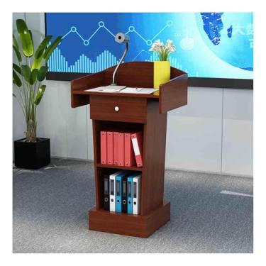 Imagem de Suporte de pódio de madeira para palestras e igrejas – Púlpito multifuncional para salas de aula, shows, recepção do cliente – acabamento em teca, design de chão
