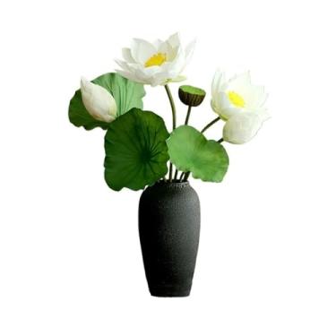 Imagem de Enfeite de buquê de folhas de lótus artificiais de festa, flores de seda, decorações de mesa falsas, decoração de sala de estar, simulação de jardim (branco)