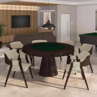 Imagem de Conjunto Mesa de Jogos Carteado Bellagio Tampo Reversível Verde e 6 Cadeiras Madeira Poker Base Cone Linho OffWhite/Capuccino G42 - Gran Belo