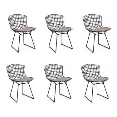 Imagem de Kit 6 Cadeiras Bertoia Preta Com Assento Bege