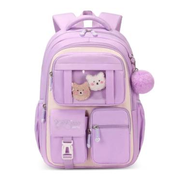 Imagem de Mochila escolar infantil SPORTBANG kawaii 3 peças, grande capacidade, com estojo transparente e chaveiro de pompom, bege e roxo