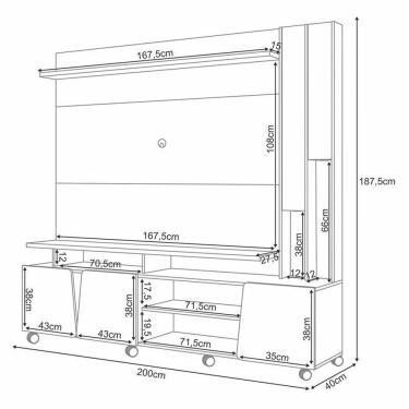 Imagem de Estante Home Theater Virtus e Mesa de Centro Sky com tampo de vidro e Aparador Infinity Cinamomo Off White - HB Móveis