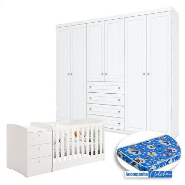 Imagem de Berço Multifuncional Atlanta e Guarda Roupa 6 Portas Mississipi Branco Fosco Henn com Colchão Ortobom - Reller