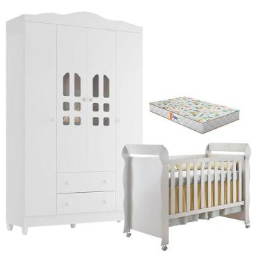 Imagem de Berço Americano Mirelle e Guarda Roupa New Selena 4 Portas Branco Brilho com Colchão Ga...