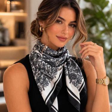 Imagem de Lenço Xale Echarpe Feminino De Cetim Seda 90x90cm Estampado - meldorah