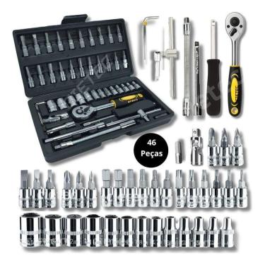 Imagem de Jogo de Soquetes Jogo de Soquete Kit com 46 Peças com Chave Catraca Rápida Prata Aquilae